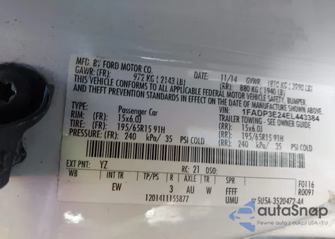 2014 Ford Focus S z USA, uszkodzony, nr VIN 1FADP3E24EL443384